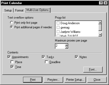 9 Click the Multi-User Options tab select a text overflow option select the contents items to include. 10 Specify the Maximum Proxies Per Page.