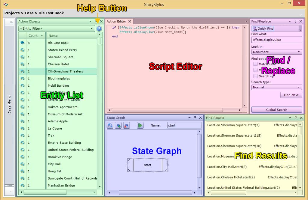 Scripting User Interface Here is a screenshot of the scripts panel from StoryStylus highlighting the five main panel regions: Entity List Lists all of the entities in your story which can have script