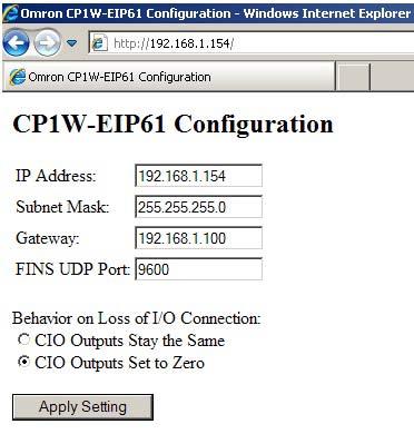 2-2 Adapter Setup 2-2-1 Configuring the Adapter The CP1W-EIP61 is assigned a default IP address of 192.168.250.11.