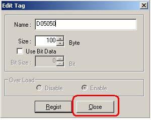 address), and a size of 100 bytes. Click Regist to create the tag.