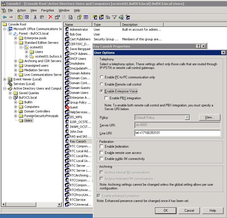Nortel Option 11c Under the Communications tab, check the Enable user for Office Communications Server option and then click the Configure button.