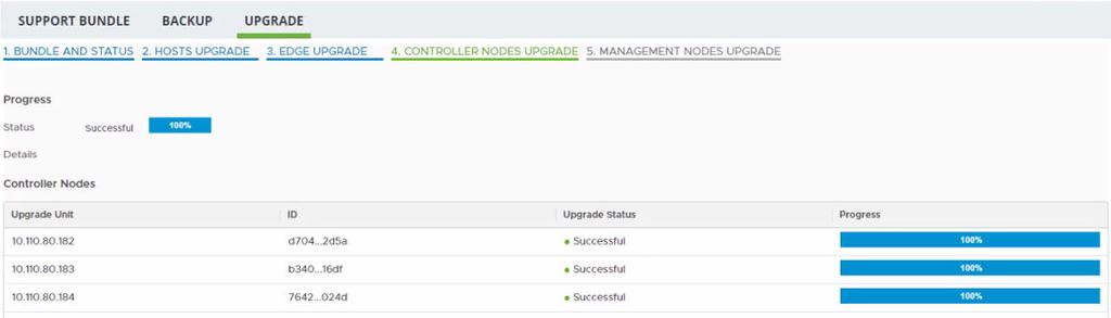 1 Click Start to upgrade the NSX Controller cluster. The NSX Controller nodes are upgraded in parallel by default. 2 Monitor the upgrade process.