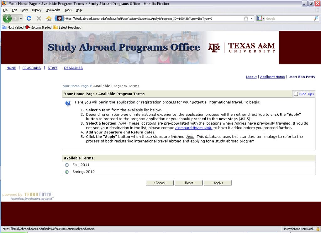 e. In the pop-up box, click OK. 16. Select the term for which you are applying to study at Texas A&M.