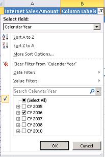 19. Creating a filter to drill down on data from 2002 by using the drop-down in the cell marked Column Labels to filter the Calendar Date Hierarchy.