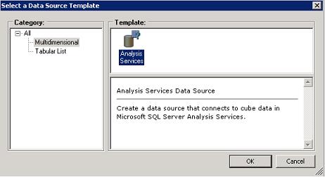 security warning about this application click Run) Figure 38 The Dashboard Designer 4. Create a new data source to a SQL Server Analysis cube. a. Right-click on the Data Sources folder on the left-hand side of the page and select New Data Source to bring up the Select a Data Source Template dialog.