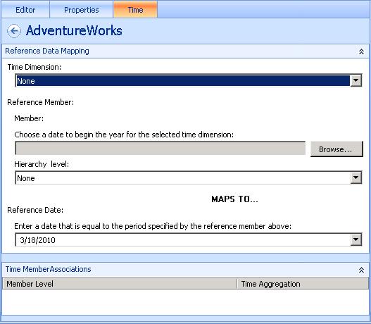 Figure 42 The AdventureWorks Time Tab Settings h. In the Reference Data Mapping section, click the down arrow of the Time dimension dropdown list and select Date.Date.Calendar. i.