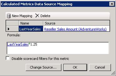 Locate the Formula text box and type LastYearsSales*1.25. Figure 55 The Calculated metrics Data Source Mapping dialog r.
