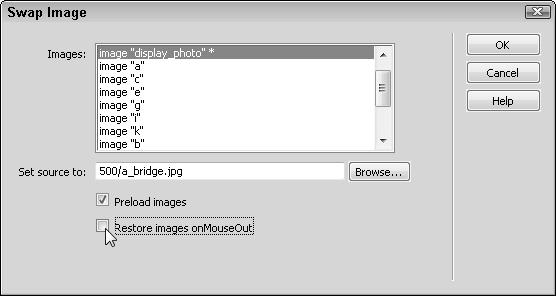 280 Part III: Making It Cool with Multimedia and JavaScript 5. Specify the images to swap. a. In the Swap Image dialog box, select the ID for the image that will be replaced.
