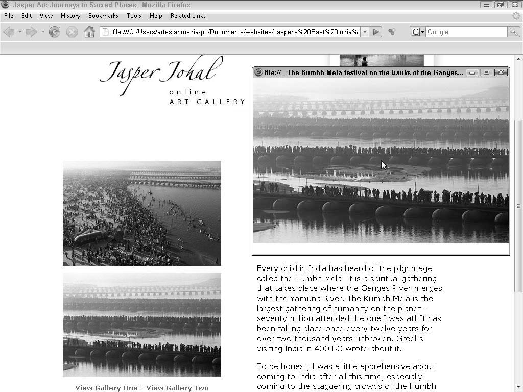284 Part III: Making It Cool with Multimedia and JavaScript Figure 10-9: A larger version of the photo of pilgrims crossing the Ganges river is displayed in a new browser window when a user clicks