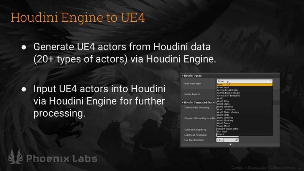 Houdini Engine use, describe the type of actors we could generate (staticmesh, landscape, foliage, blueprints, lights, and instancing support) We