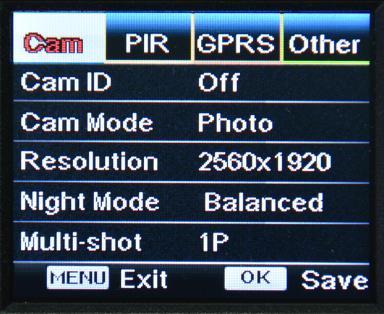 Cam Settigs Cam ID Cam Mode Image Size Night Mode Multi-shot Video On Programmable Options Select ON, press OK, to set 4 digits/ alphabets for each camera.
