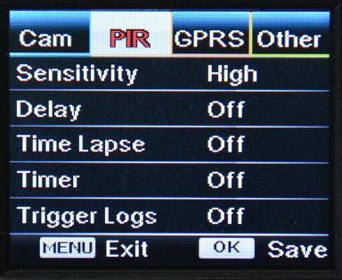 PIR Settings Sensitivity Delay Time Lapse Timer Trigger Logs Programmable Options High, Middle, Low Higher sensitivity is 1) more sensitive to movements by smaller subjects; 2) longer detection
