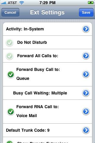 Here you can set your activity status and the way you want calls handled. Tap the Save button to save extension settings. Or tap Cancel to cancel your changes. Using MaxMobile Communicator Figure 17.