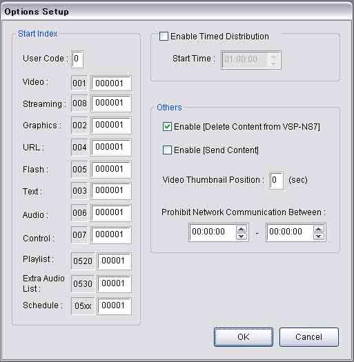 The Options Setup window provides miscellaneous setup items for the VSPA-D7 software, such as the time of data distribution from the VSPA-D7 software to the players.
