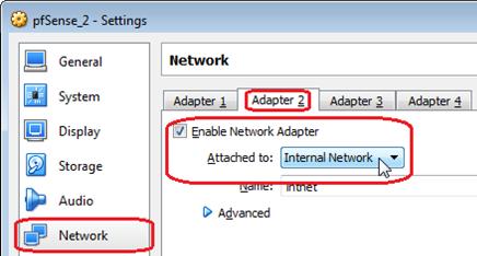 Adapter 1 and Adapter 2 to Internal Network - When installation all complete start the pfsense_2