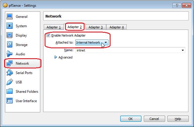 WAN interface) - Enable and set Adapter 2 to Internal Network (pfsense