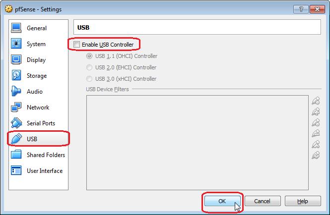 - In USB deselect option as it is not needed in this example then click OK to save