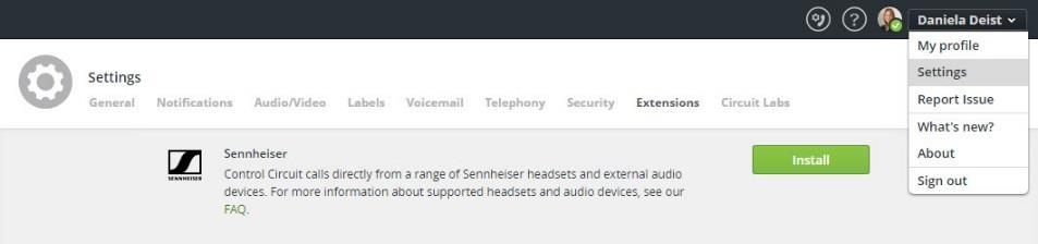 Search for Sennheiser and click on install 5. Accept proceed with the installation and grant access for Circuit 6.