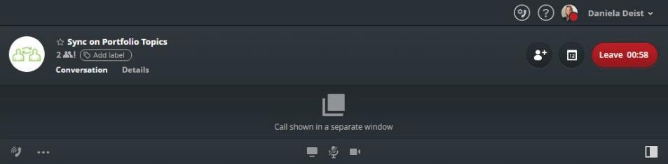 To close the separate window either click on the symbol with the open window on the bottom right or leave the call