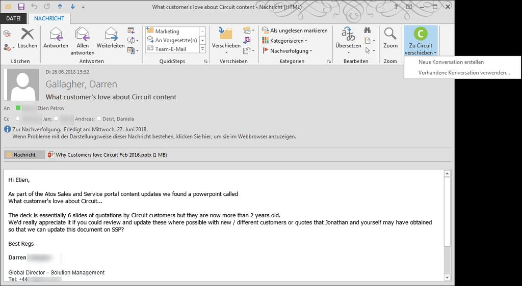 Outlook integrations Convert emails to Circuit and Circuit presence The Circuit Outlook integrations reduce