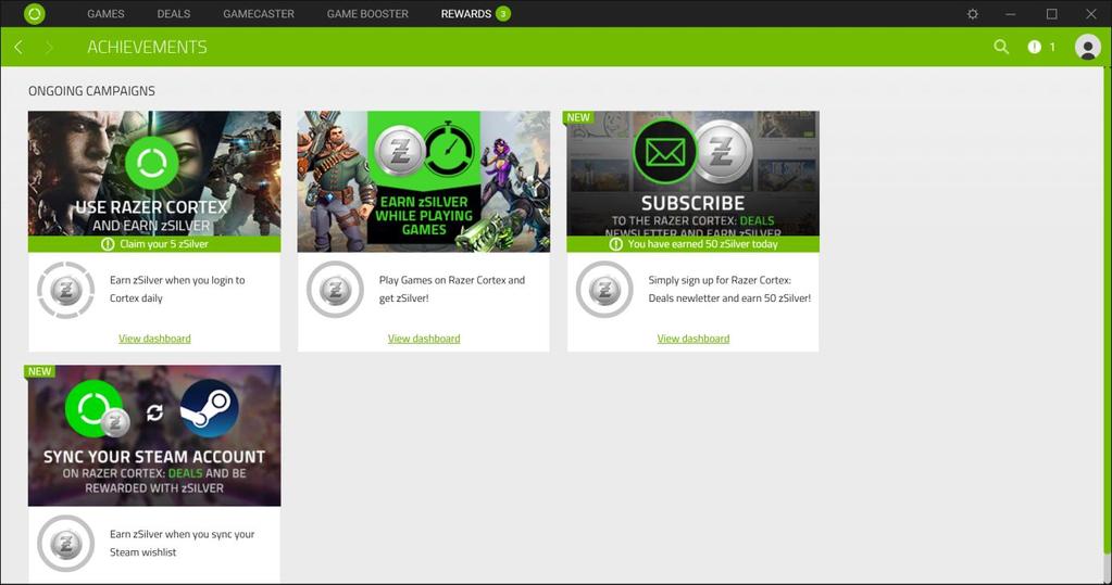9. RAZER CORTEX: REWARDS The Razer Cortex: Rewards tab ns and/or promotions you can participate in to earn zsilver a loyalty virtual currency backed by Razer which you can earn whenever using