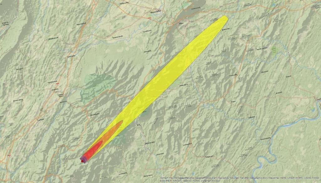 The VSMOKE-GIS plume extends out approximately 30 miles.