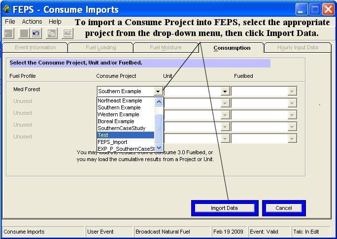 Importing Consume Results ii. If you know what the consumption will be, either from field measurements or by best professional judgment, manually enter that information into FEPS as shown below.