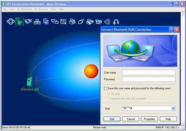 Dial-up to Internet via a Bluetooth mobile phone 1. Connect to the phone's Dial-Up Networking Service. 2. The Dial-Up Dialog will appear. Enter the dial-up number, User name, and Password.