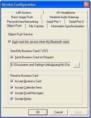 Receive Objects from a Bluetooth Phone Steps: 1. Configure the parameters for the object push. From the Main Window, click My Service Properties. Click on the Object Push tab.