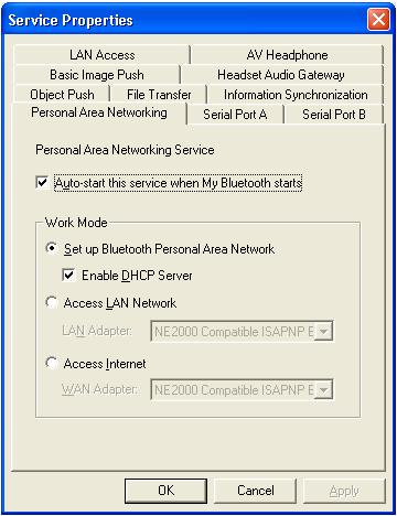 Configuring the NAP/GN Click Bluetooth Service Properties and click on the Personal Area Network tab.
