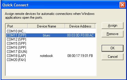 Bluetooth serial port. (1) Assign: Assign a device to the selected port.