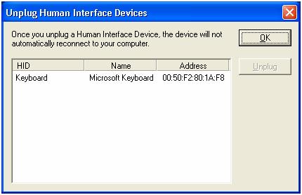 Configurations->Unplug HID --- Remove Human Interface Devices from BlueSoleil. (Figure 6) Unplug: Unplug the selected HID device.