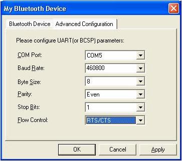 Use the Advanced Configuration screen to configure detailed parameters including COM Port,