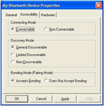 Does Not Accept Bonding: Rejects pairing attempts initiated by other Bluetooth enabled devices. Figure 2 Accessibility Properties Page Hardware View information about your Bluetooth hardware.