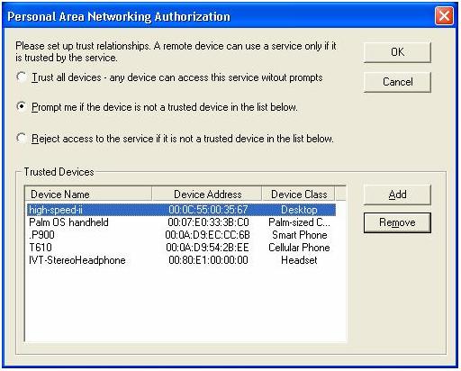 In the Service Authorization screen, enter the following settings: Trusted Devices Select to trust devices listed in this screen to use the selected service on your device.