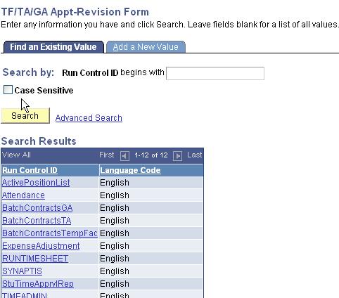 The TF/TA/GA Appt- Revision Form search results display. 5.
