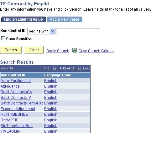 The TF Contract by Emplid search results display. 5.