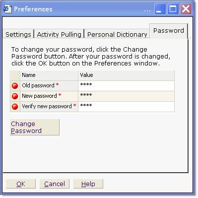 3. On the Password tab, first provide the old password. Then, provide the new password and verify the new password. Click the Change Password button.