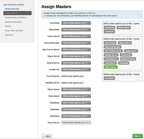 4. In Assign Masters, confirm the default host assignment. The Add Services Wizard indicates hosts on which the master components for a chosen service will be installed.