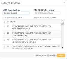 To generate a list of MS-DRGs, click on the SEARCH link. Enter key words in the MDC Lookup box to choose from the list.