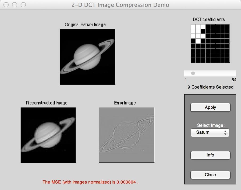 Low Pass Image Compression Example MATLAB demo, dctdemo.