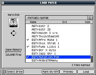 Loading Multiple Patches from the Same Folder To load more than one patch from a folder at the same time: 1. Navigate to the desired patch folder. 2. Select each patch you want, and click Mark On/Off.