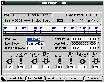 Setting Up How the Audio Phrase Behaves With the AUDIO PHRASES (PAD) window open, hit the pad that plays the audio phrase, and then press the QUICK EDIT button the audio phrase s parameters appear in