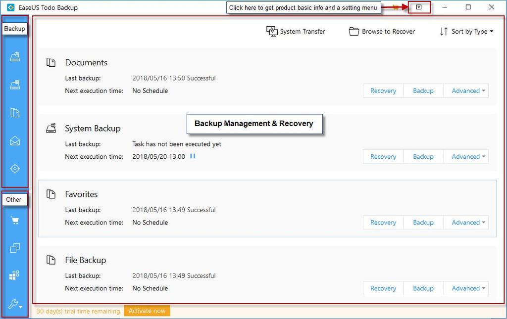 Backup The entries of all available backup options can be found in this area, with them, you can directly start a new backup job here.