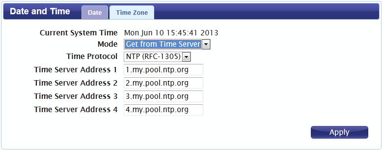 Select Manual to manually set the time and date, or select Get from Time Server to have the router automatically synchronize the time with a Network Time Protocol (NTP) server.