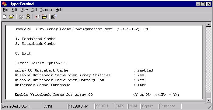 Chapter 2 - Creating Disk Arrays Array Cache Configuration Menu 4 Choose to enable or disable writeback cache for this array.