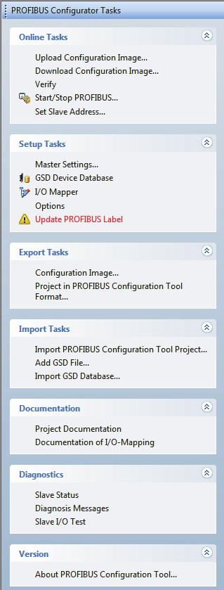 3.2 "PROFIBUS Configurator Tasks" Window The "PROFIBUS Configurator Tasks" window displays the project management functions by group.