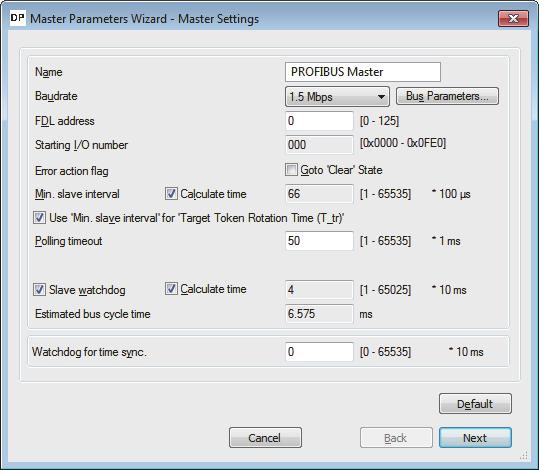 Master Settings Set the master parameters (transmission speed, FDL address, or other items of the DP-Master).