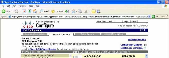 Figure 4. Cisco Ordering Tool: Configuring License Options 6. Select Check Configuration.