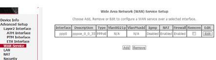 5.3 WAN Configuration Choose Advance Setup > WAN and two circumstances may occur. In this page, you can perform the following operations: Add Edit Remove Save/Reboot Click Add.